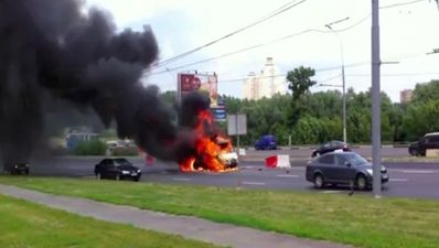 Video: Watch a van explode in the middle of a Russian highway