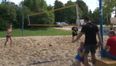 Video: Beach volleyball game ends with a girl face first in crotch