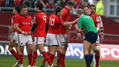 Referee Wayne Barnes gets hit in the face at Thomond Park