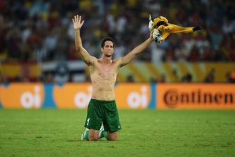 Pic: Tahiti’s keeper removed his shorts for a post-game interview last night