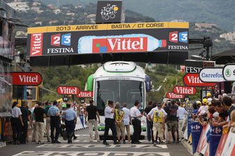 Video: So a bus got stuck on the finishing line of Stage One of the Tour de France today