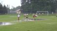 Polish footballer makes a splash with goal celebration – the waterbomb dive