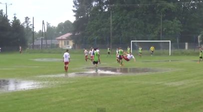Polish footballer makes a splash with goal celebration – the waterbomb dive