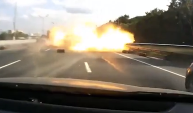 Video: Russian truck erupts into ball of flames on motorway