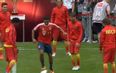 Thiago joins in Barcelona’s pre-game tiki-taka routine before their friendly against Bayern Munich