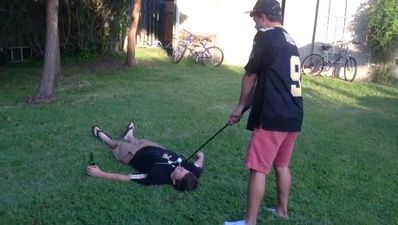 Video: The old ‘drive a golf ball off my face’ trick results in tee piercing lad’s tongue