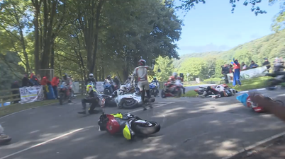 Video: Bikers fall over like dominos in nasty road race crash