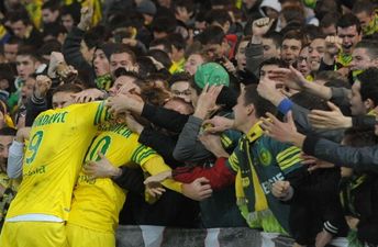 GIF: Nantes striker’s goal celebration prompts mad avalanche of fans in the stands after last-gasp winner