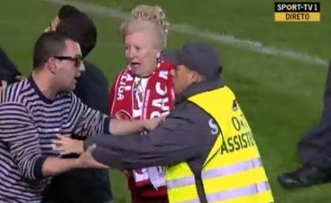 Video: Elderly Portuguese lady laughs in the face of stewards after taking part in pitch invasion