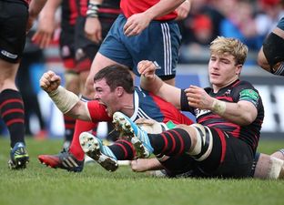 Pic: Super shot of Peter O’Mahony celebrating Munster’s bonus point try against Edinburgh
