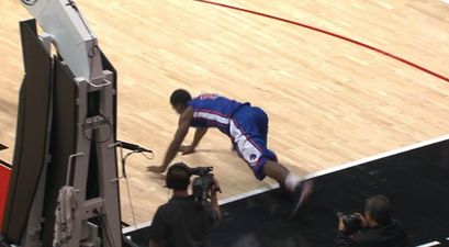 Video: Basketball player struggles to get to his feet on ridiculously slippy court
