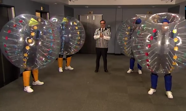 Video: Colin Farrell shows off his skills against Jimmy Fallon in ‘Bubble Soccer’ combat