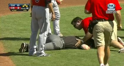 GIF: Baseball umpire takes an incredibly painful hit to the groin