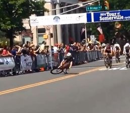 Video: Cyclist illustrates the painful consequences of taking your arms off the handlebars after winning a race