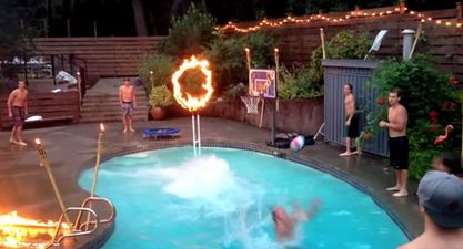 Video: A swimming pool, fire and nine lads create this amazing dunk in their backyard