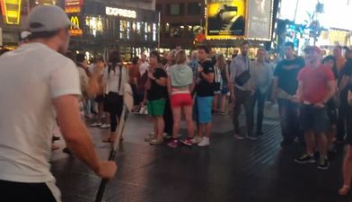 Video: Lads from Tipperary, Galway and Mayo start hurling in the middle of Times Square
