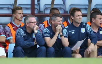 Pic: Aston Villa mascot Bella the Lion gives Roy Keane a massive hug on the sidelines
