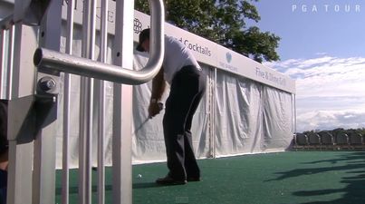 Not again! Mickelson hits the hospitality area for the second day in a row on the 5th hole at the Barclays