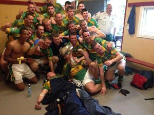 Pic: GAA goalkeeper in Cork celebrates with team-mates despite a broken tibia