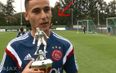 Video: Ajax player receiving goal of the month award upstaged by ‘keeper scoring amazing diving header in the background