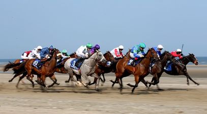 Pic: A horse rearing up at Laytown yesterday provided easily the best sporting picture of 2014