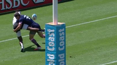 “Not on my time, son!” This is just a great try-saving tackle from the IRB Sevens