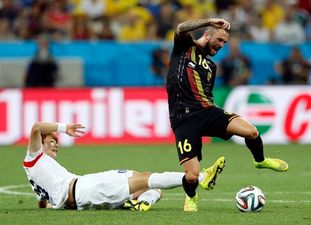 Pic: Steven Defour will be wearing shinpads featuring the faces of himself and his girlfriend against Arsenal tonight