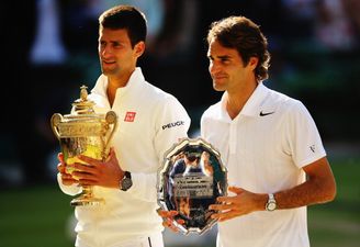 Pic: Roger Federer and Novak Djokovic look up, up and up some more to former NBA star Yao Ming