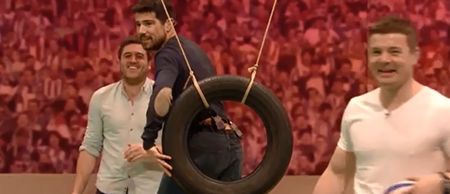 Video: Austin Healey successfully kicks a ball through a tyre and rattles Craig Doyle in the backside