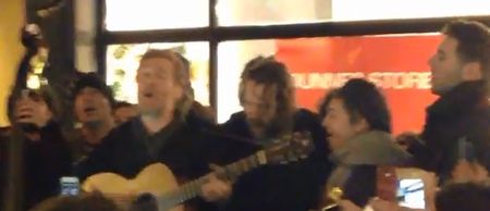Video: Glen Hansard, Paddy Casey, Declan O’Rourke and friends singing The Auld Triangle on Grafton Street last night