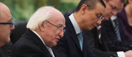 Pic: President Higgins could use a crate to stand on as he gives a speech in China