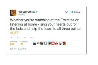 Hull City’s Twitter account tells fans to sing their hearts out for 3 points
