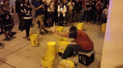Video: This busker’s one-handed drum roll on his improvised drum kit is excellent