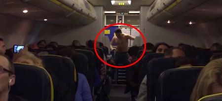 Video: A drunk topless man punching cabin walls and flexing his muscles on a Ryanair flight