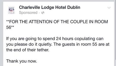 Dublin hotel uses Facebook to ask loved-up couple to keep the noise down