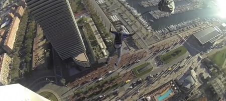 Video: Two adrenaline junkies BASE jumping off Barcelona hotel is as crazy as it sounds
