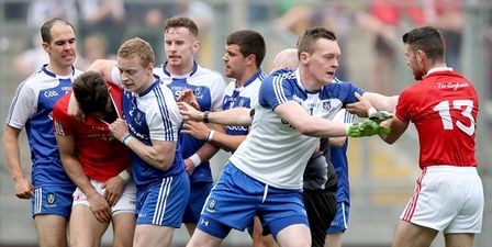 Pic: Monaghan’s Darren Hughes and his puppy taunt Tyrone’s Tiernan McCann