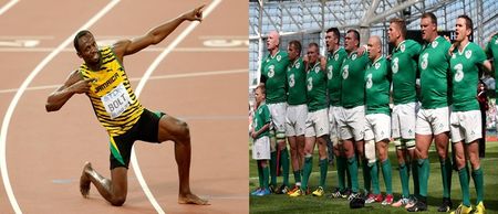 PIC: Cracking shot of the Irish rugby squad meeting Usain Bolt and copying his trademark celebration