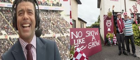 PIC: Chris Kamara gives his approval to the best fan banner at the All-Ireland Hurling Final