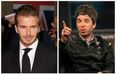 PIC: David Beckham looks far from happy as he poses with Noel Gallagher and a Man City flag