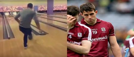VIDEO: Galway senior hurler gets a strike at bowling by kicking the ball down the lane