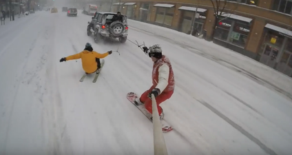 VIDEO: There’s people snowboarding through New York City today
