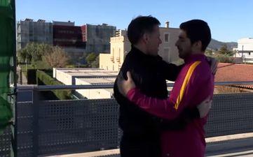 VIDEO: We’d love to know what Jamie Carragher is saying to Luis Suarez as they’re reunited