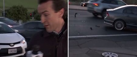 VIDEO: TV reporter narrowly escapes being hit by a car during live broadcast