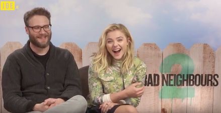 EXCLUSIVE: Seth Rogen and Chloë Grace Moretz chat about dead frogs, bulk-buying dildos and rolling joints really fast