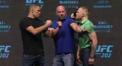 WATCH: Conor McGregor and Nate Diaz’s intense stare down at UFC 202 press conference