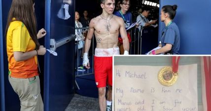 PIC: Michael Conlan presents his young fan Finn with a special gift at The Late Late Show
