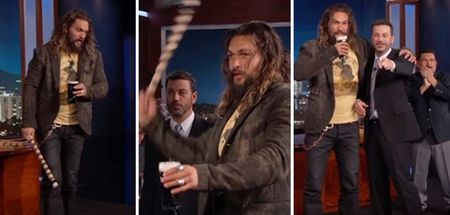 Jason Momoa’s new character is half-Irish, so he’s drinking Guinness & throwing axes on live TV