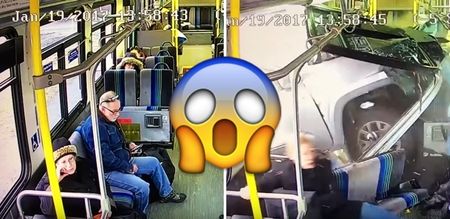 WATCH: Passengers miraculously escape after truck crashes through the side of a bus