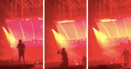 WATCH: Drake promises free concert after Travis Scott falls through a hole in the stage